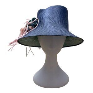 Vtg Nordstrom Blue Straw Hat W/ Pink Floral Accent & Green Ribbon Embellishment
